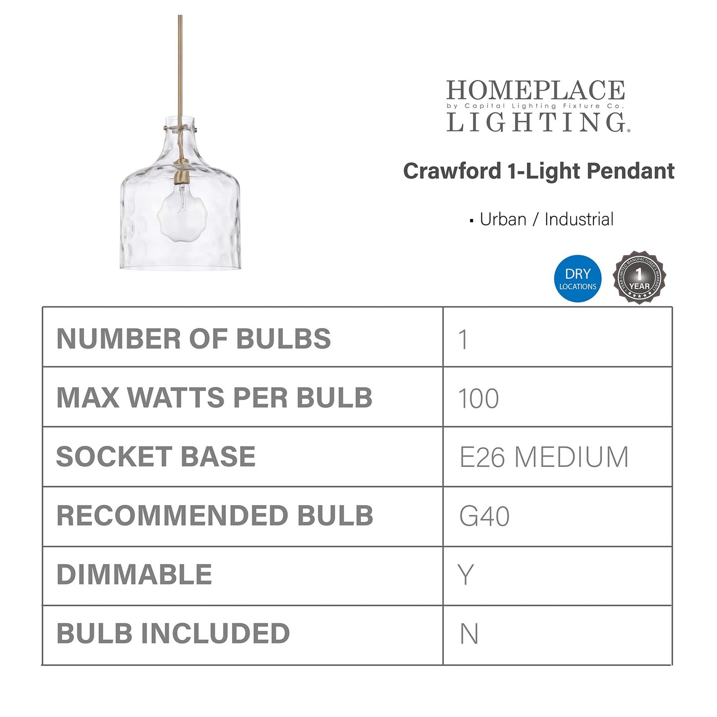 HomePlace Lighting 325717AD Glass Jar Pendant Light, 1-Light 100 Watt Aged Brass