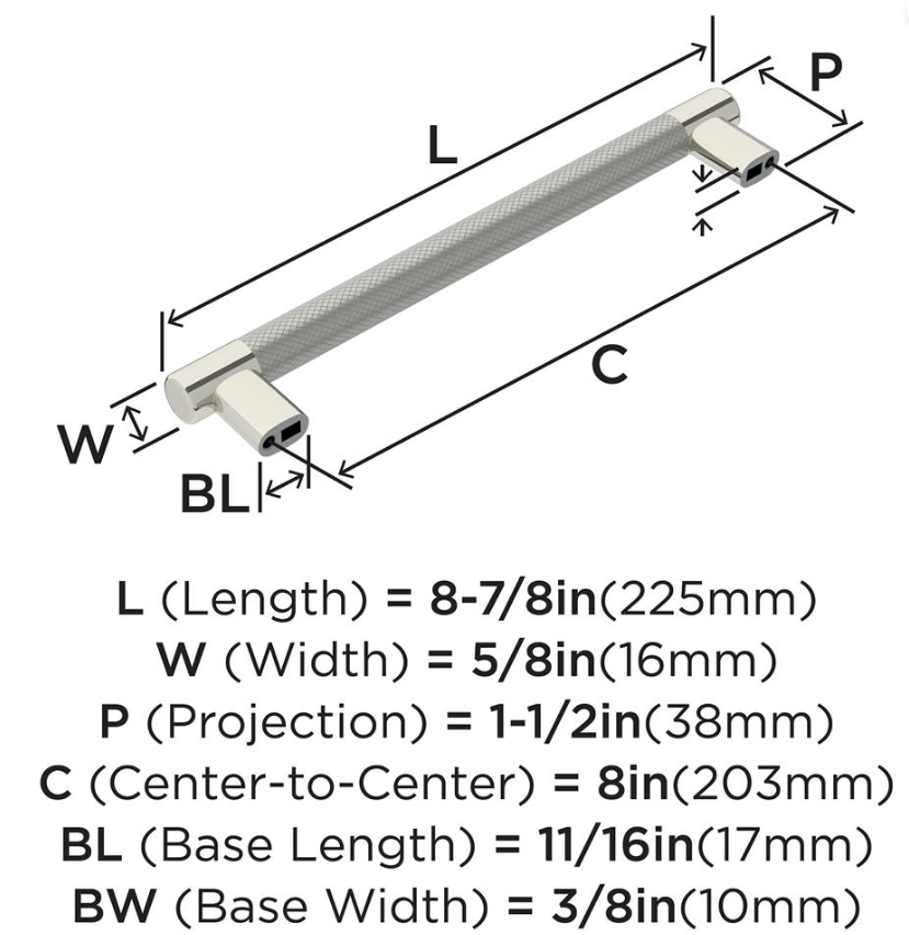 Amerock - ESQUIRE Cabinet Pull - 8" center-to-center - Polished Nickel/SS