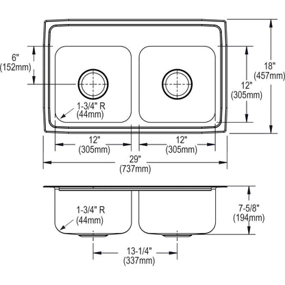 Elkay LR29183 Lustertone Stainless Steel Equal Double Bowl Top Mount Sink