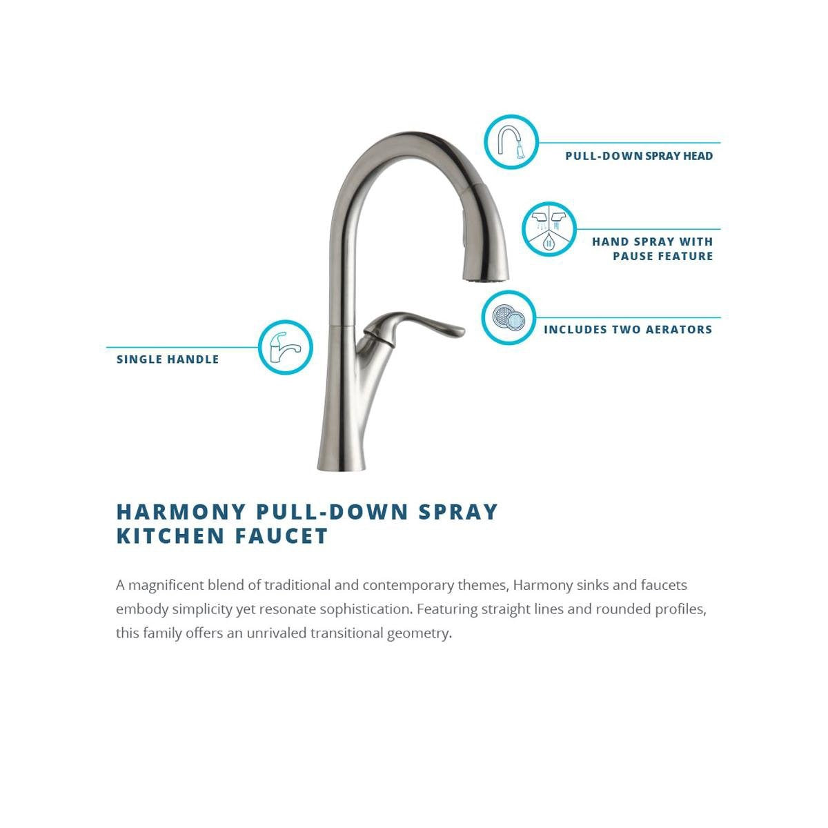 Elkay Harmony LKHA4031CR One Hole Kitchen Faucet Pull-down Lever Handle Chrome