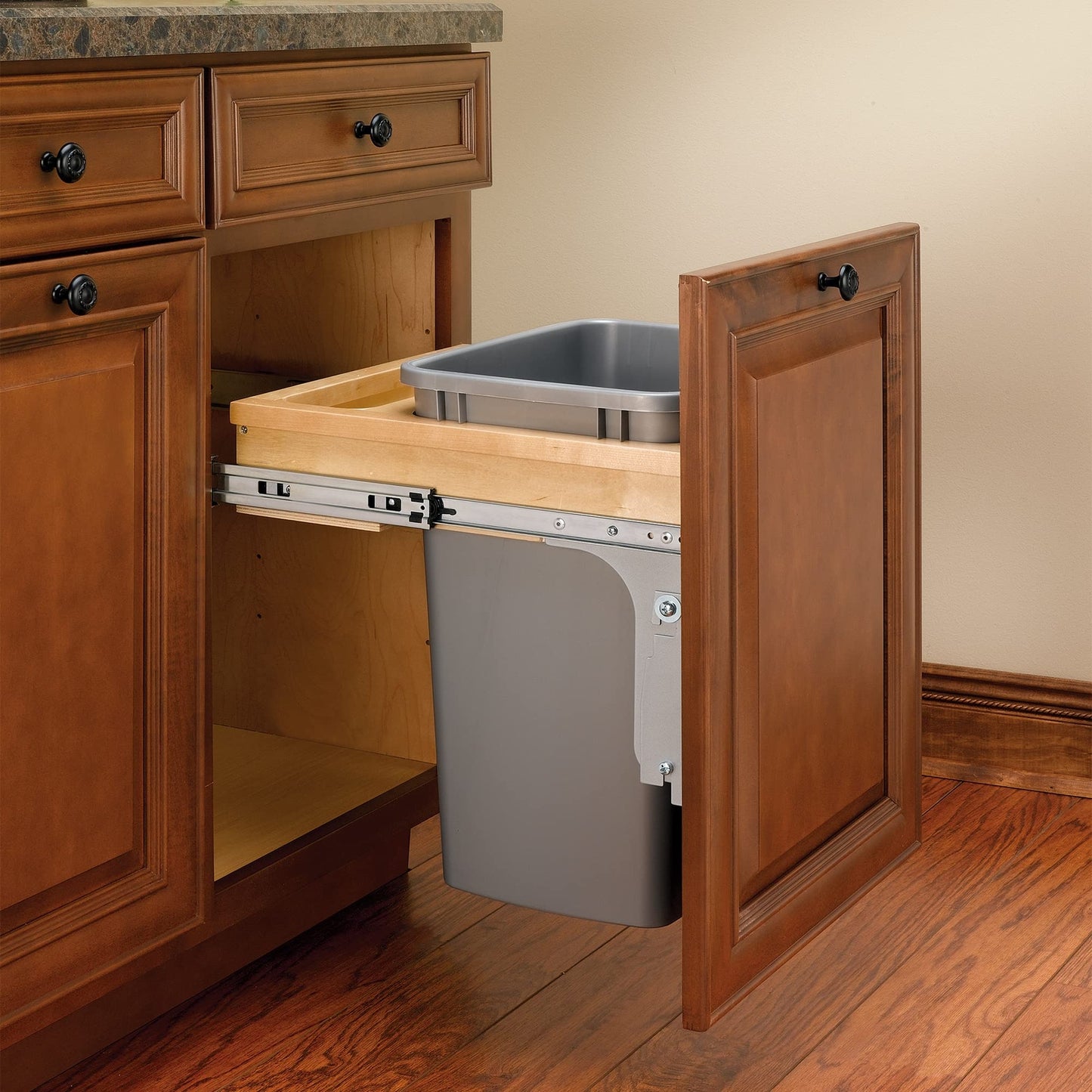 Rev-A-Shelf Single Pullout Trash Can 35 Qt , Silver, 4WCTM-1816DM-1