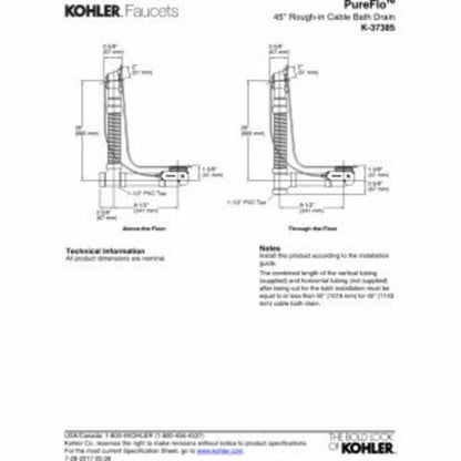KOHLER 37385-NA PUREFLO™ BATH DRAIN PVC 45" W/O TUBE