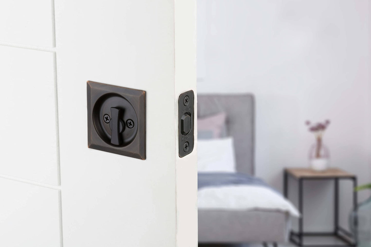 Kwikset 335SQT-514 Square Privacy Pocket Door Lock Iron Black Finish