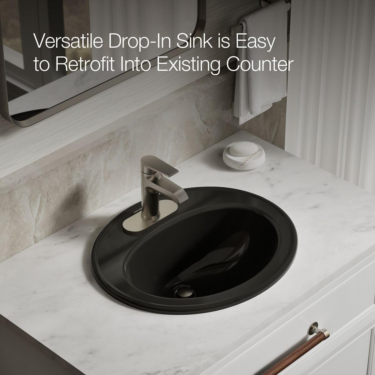 KOHLER K-2196-4-7 Pennington Self-Rimming Bathroom Sink, Black Black