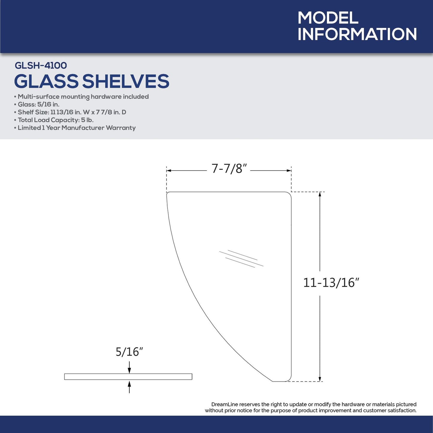 DreamLine GLSH-4100-01 12 in. x 8 in. Corner Glass Shelf in Chrome