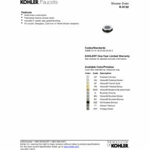 KOHLER K-9132-CP Shower Drain, One Size, Polished Chrome