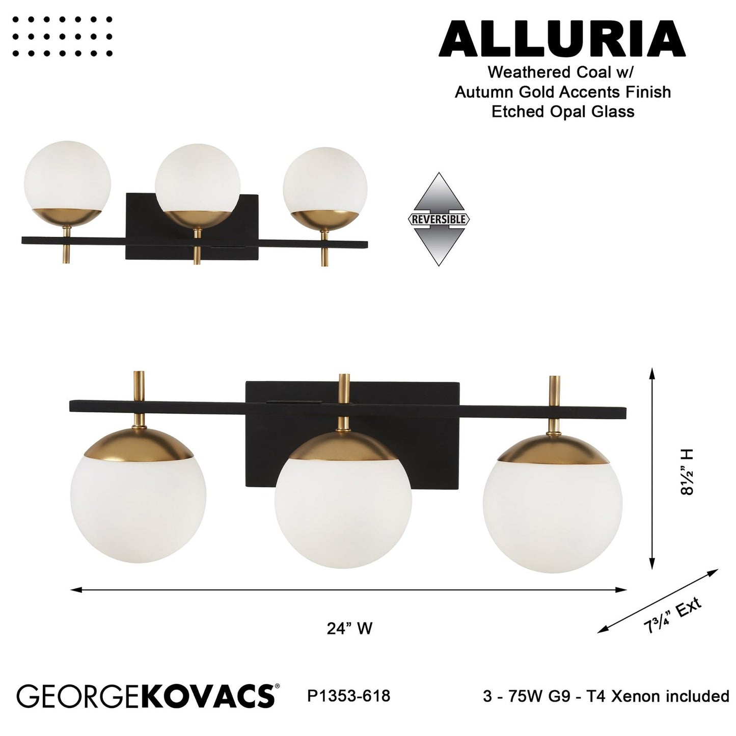 GEORGE KOVACS P1353-618 Alluria Vanity Bath Light, 3-Light, 8.5-in H x 24-in W