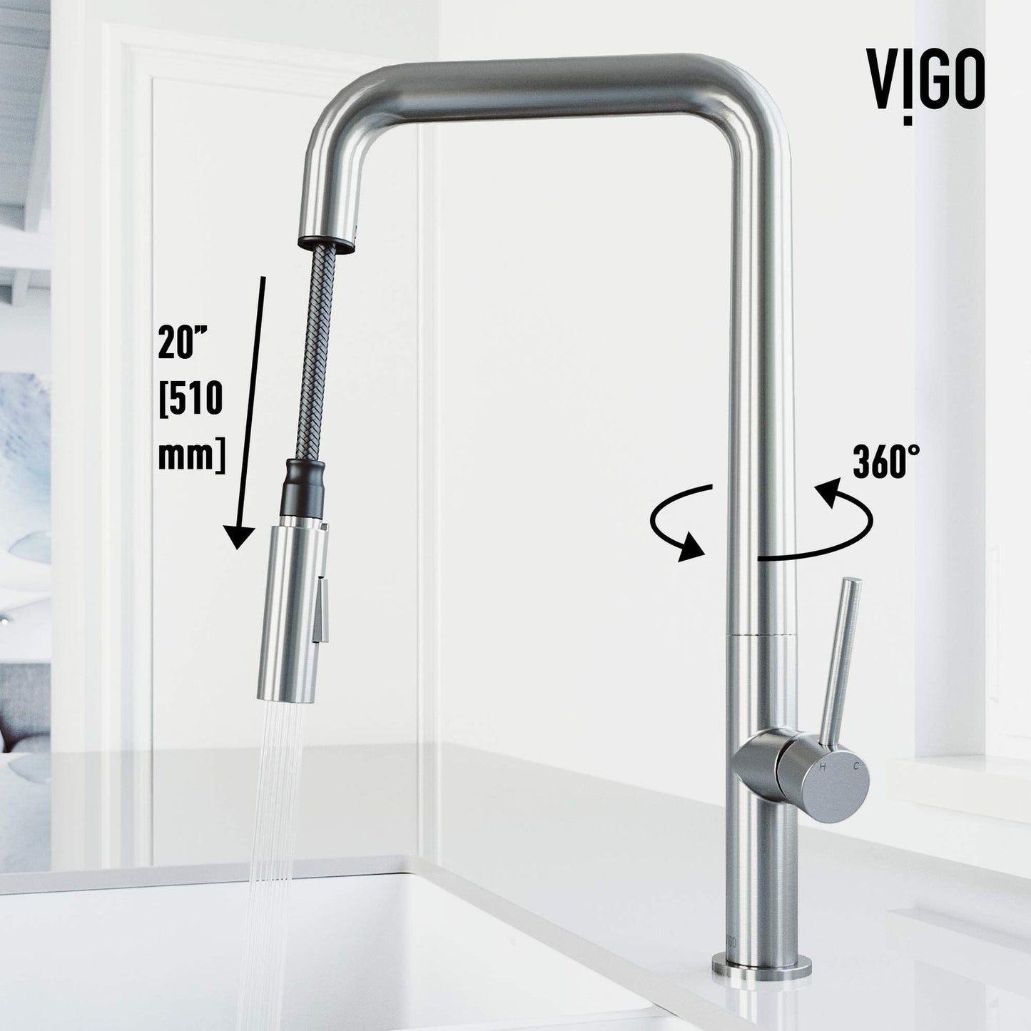 VIGO VG02013ST Parsons 18'' Single Handle Pull-Down Kitchen Faucet Stain-Steel