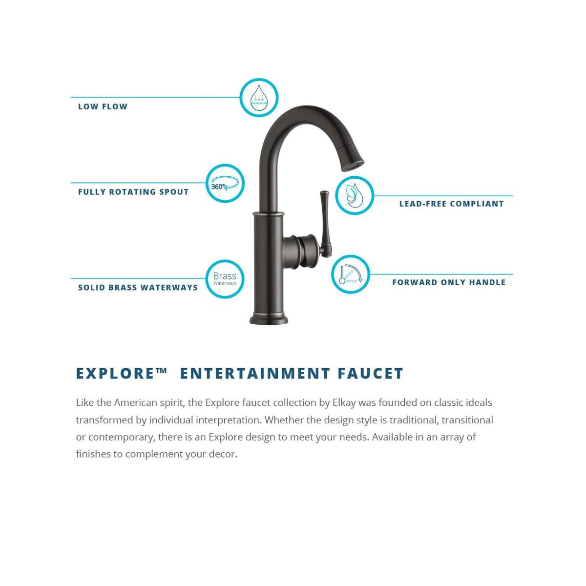 Elkay LKEC2012LS Explore Single Hole Bar Faucet Forward Only Lever Handle-Steel