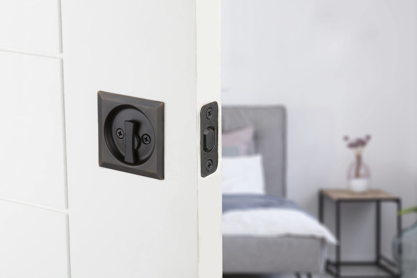 Kwikset 335SQT-514 Square Privacy Pocket Door Lock Iron Black Finish