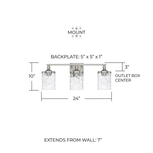 HomePlace Lighting 128831BN-451 Clear Water Glass Vanity Wall Light, 3-Light