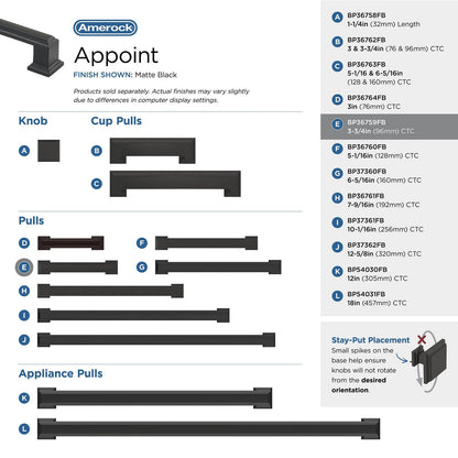 Amerock BP36759FB Appoint Cabinet Pull Matte Black 3-3/4" C2C