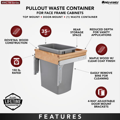 Rev-A-Shelf Single Pullout Trash Can 35 Qt , Silver, 4WCTM-1816DM-1