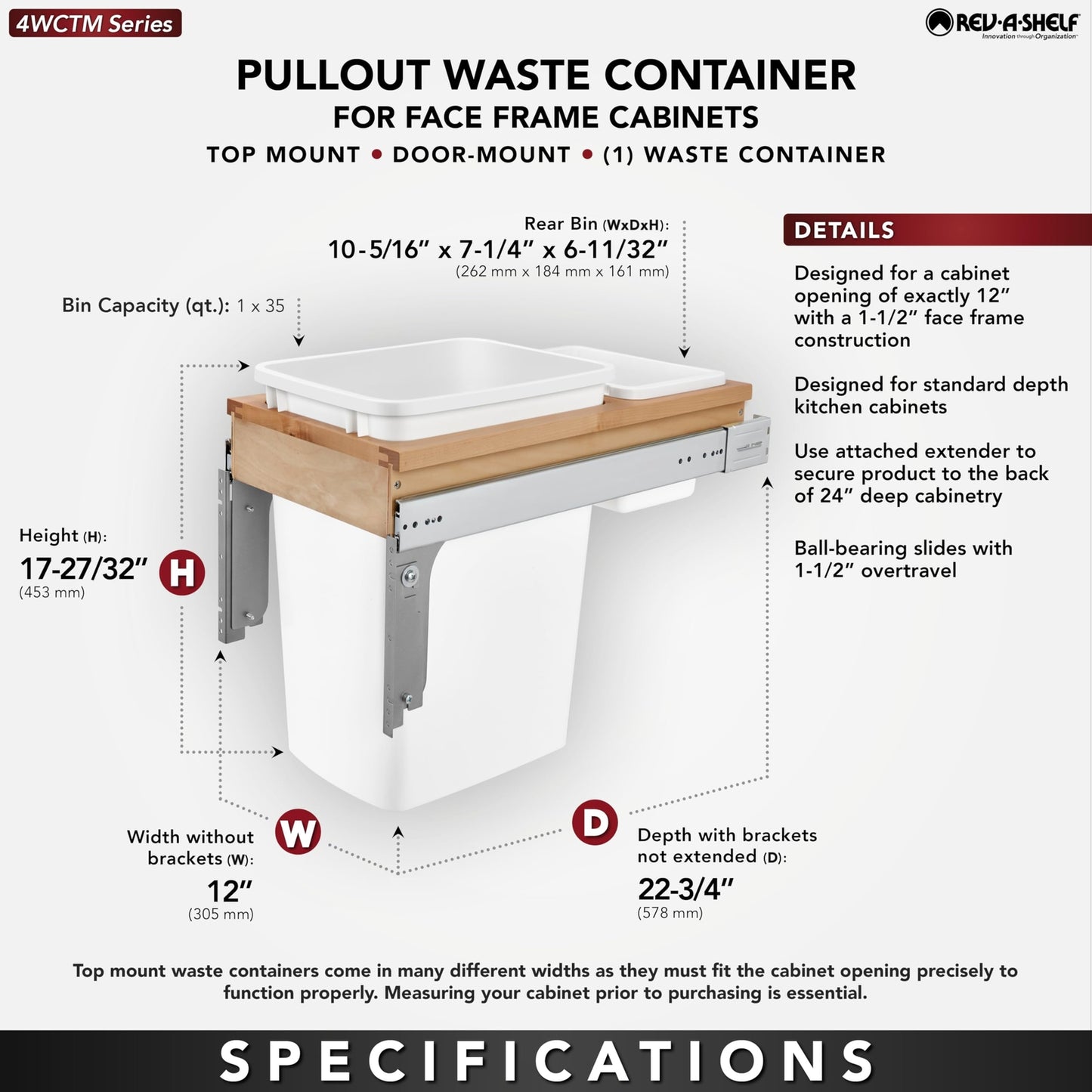 Rev-A-Shelf Double Pullout Trash Can for Base Kitchen Bathroom Cabinets, White