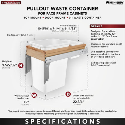 Rev-A-Shelf Double Pullout Trash Can for Base Kitchen Bathroom Cabinets, White