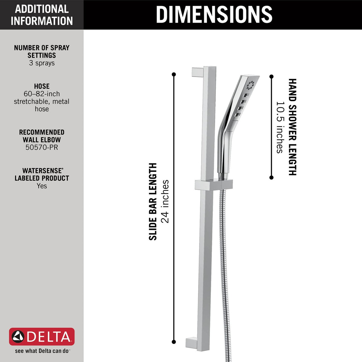Delta 51799-PR 3-Spray H2Okinetic Slide Bar Hand Shower w/Hose Lumicoat Chrome
