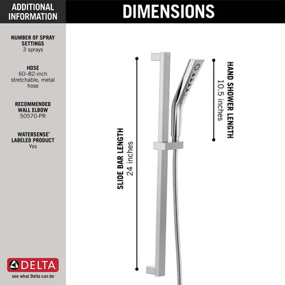 Delta 51799-PR 3-Spray H2Okinetic Slide Bar Hand Shower w/Hose Lumicoat Chrome