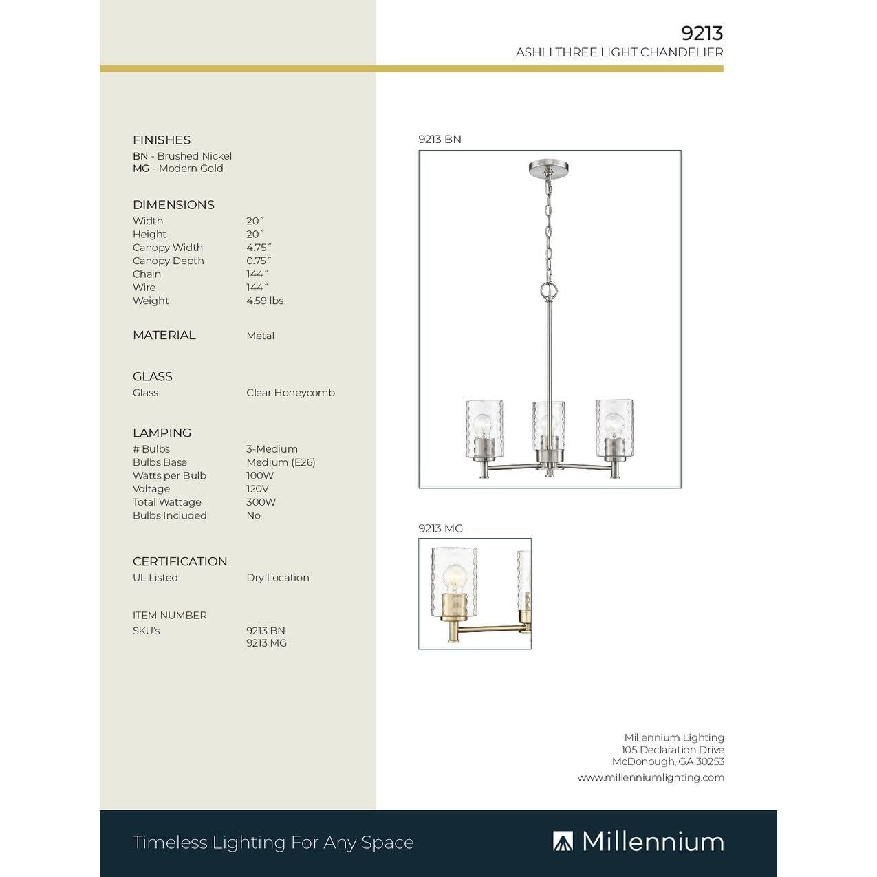 Millennium Lighting 9213 Ashli 3 Light 20" Wide Chandelier - Brushed Nickel