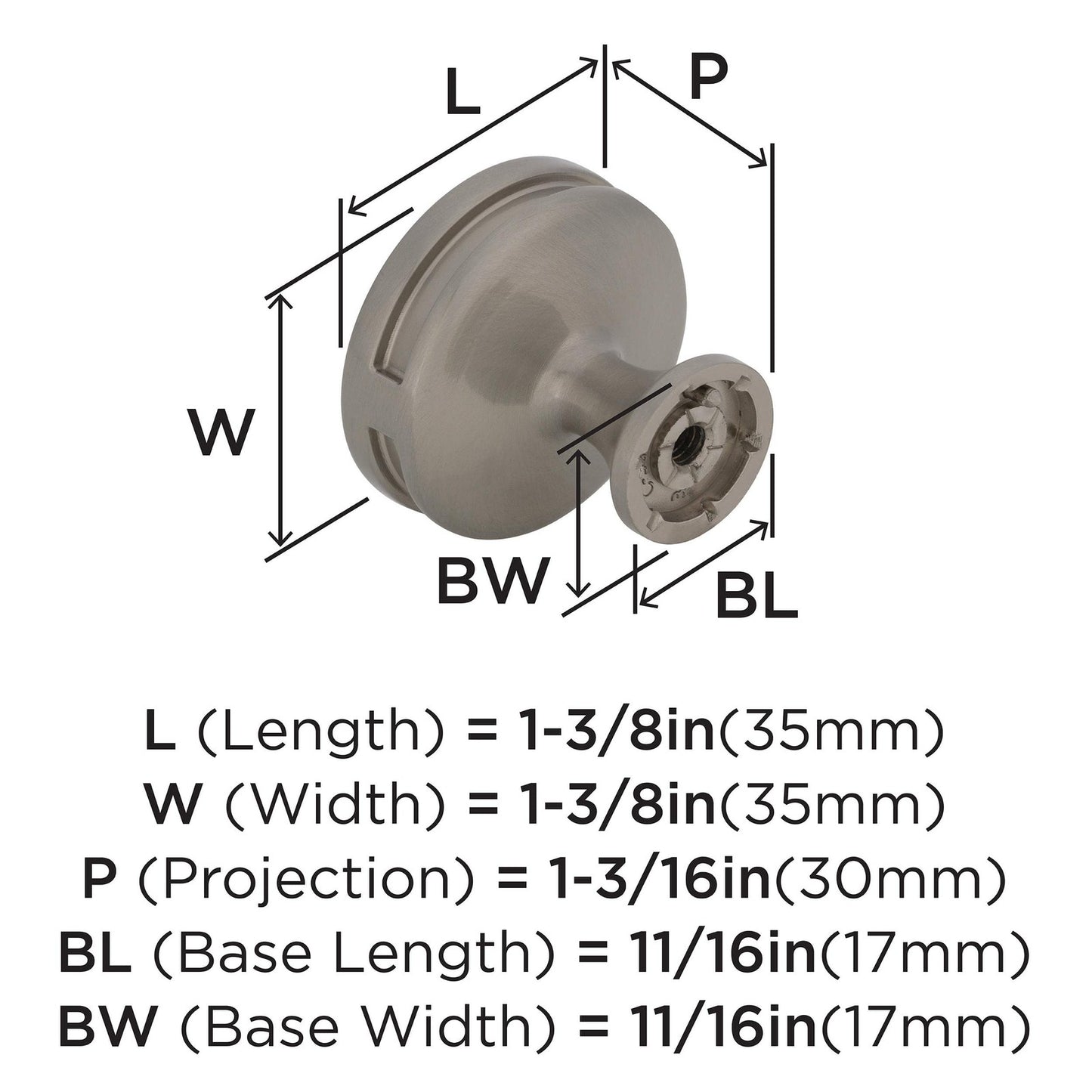 Amerock BP36603G10 Oberon Cabinet Knob Satin Nickel 1-3/8" Diameter