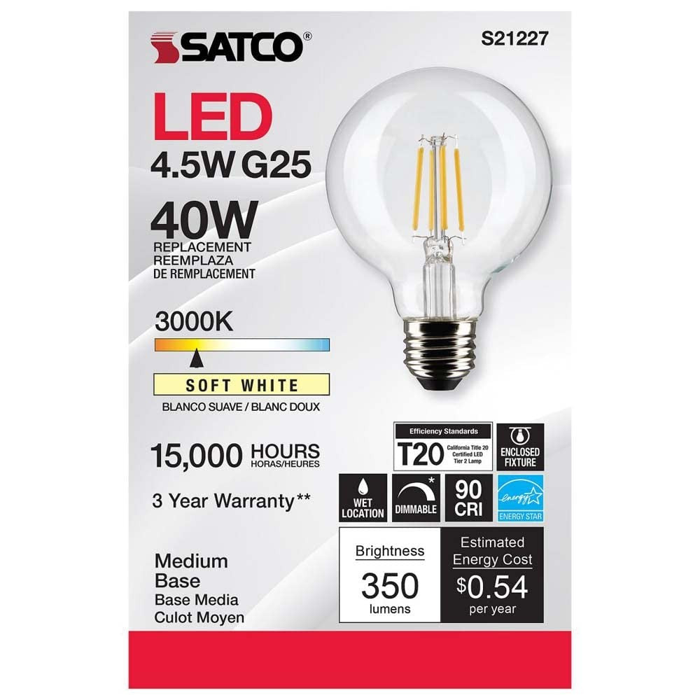 Satco S21227 4.5w G25 Globe Filament LED 3000K Medium Base Dimmable - 2 Pack
