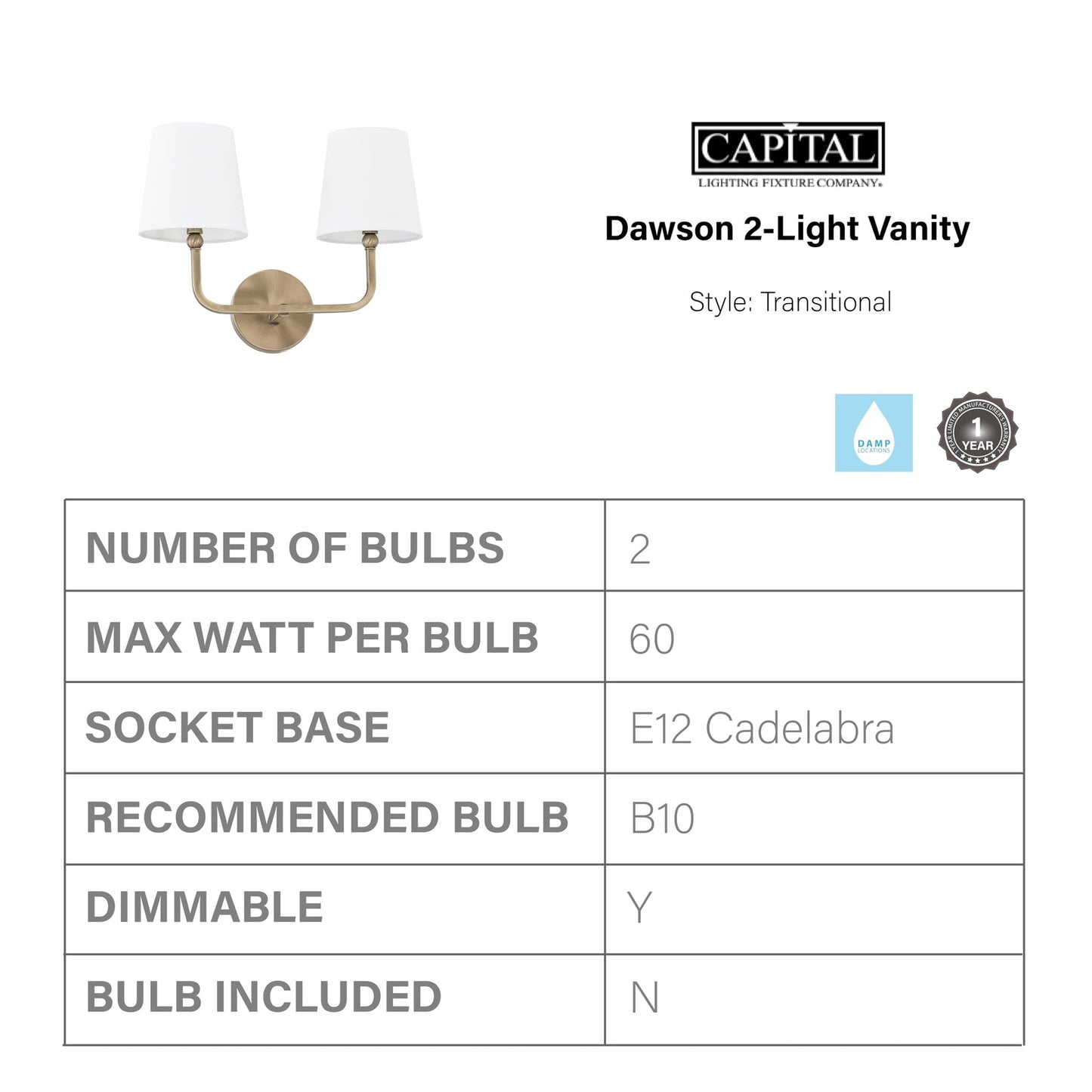 Capital Lighting 119321AD-674 Dawson White Fabric Shade Bath Vanity Aged Brass