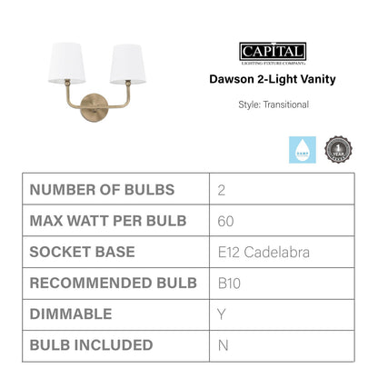 Capital Lighting 119321AD-674 Dawson White Fabric Shade Bath Vanity Aged Brass