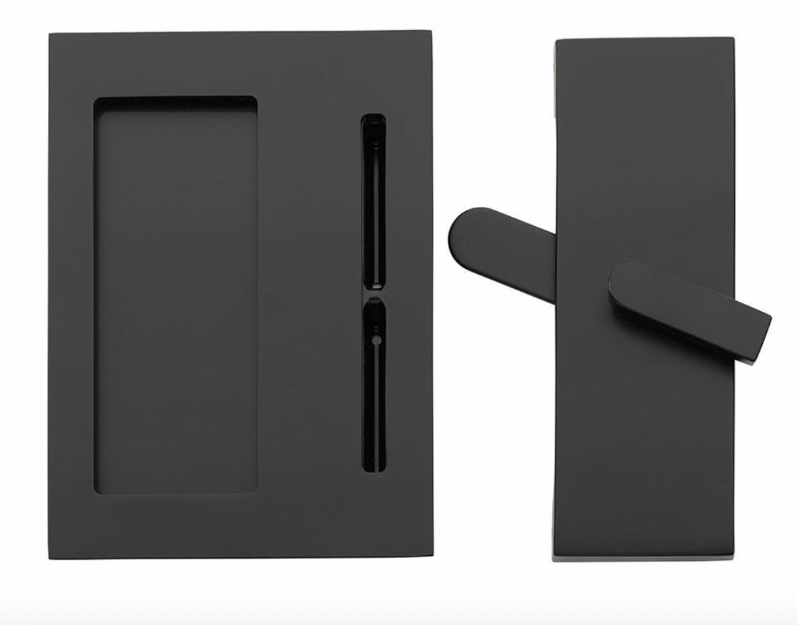 Modern Rectangular Barn Door Privacy Lock and Flush Pull with Integrated Strike