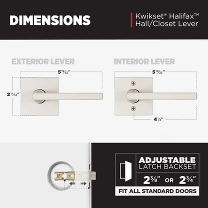Kwikset 720HFLSQT-15 Halifax Interior Passage Door Lever Reversible Satin Nickel