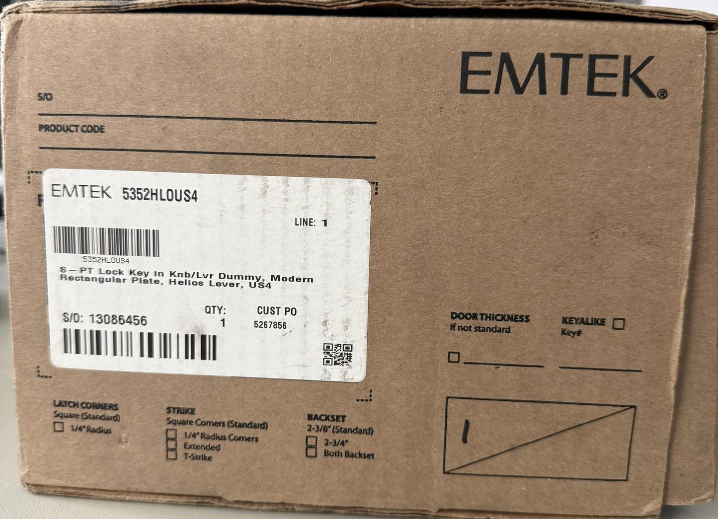EMTEK 5352HLOUS4 Rectangular Single Point Dummy Set Helios Lever-Satin Brass