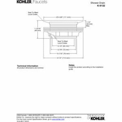 KOHLER K-9132-CP Shower Drain, One Size, Polished Chrome