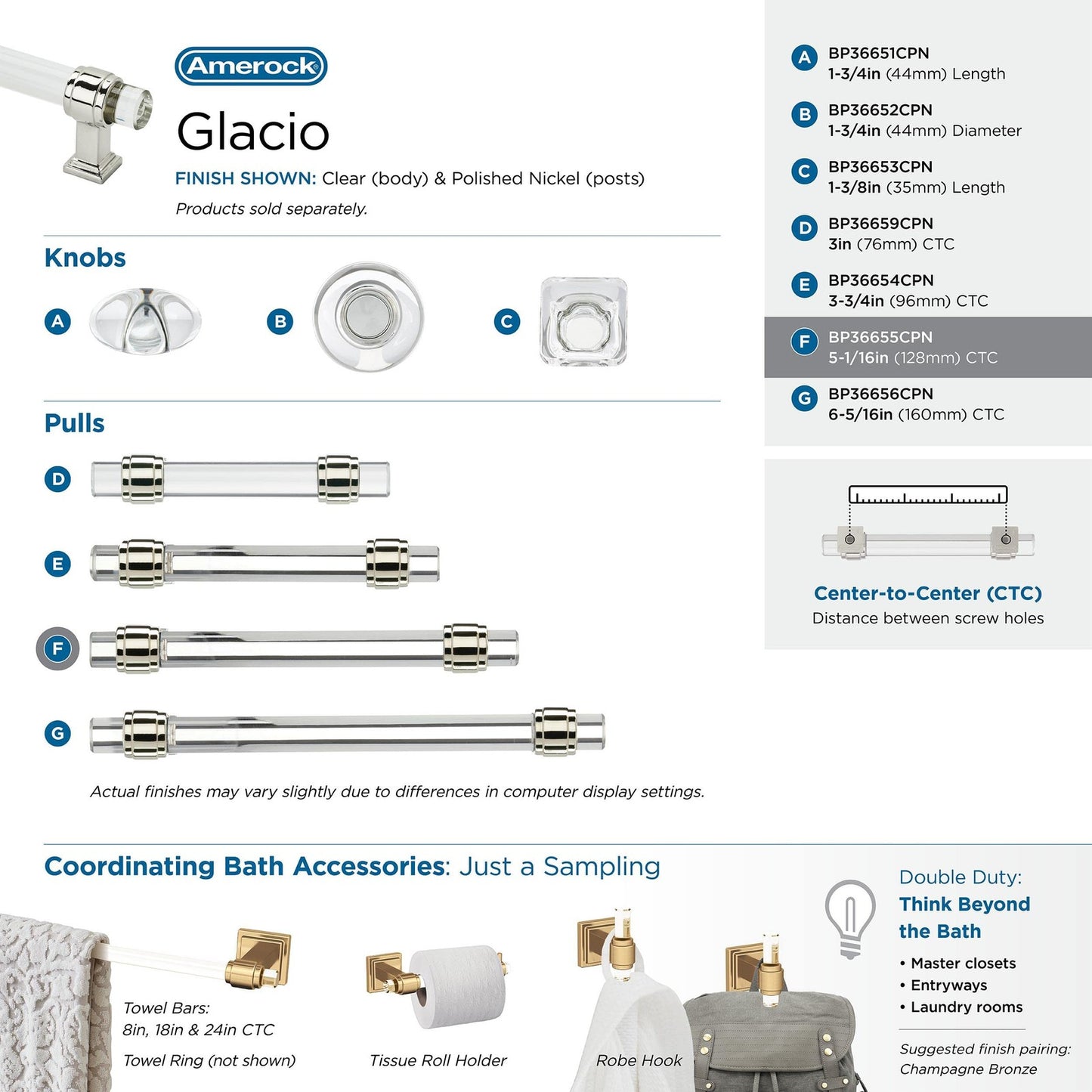Amerock BP36655CPN 5-1/16" Glacio Clear/Polished Nickel Drawer Pull