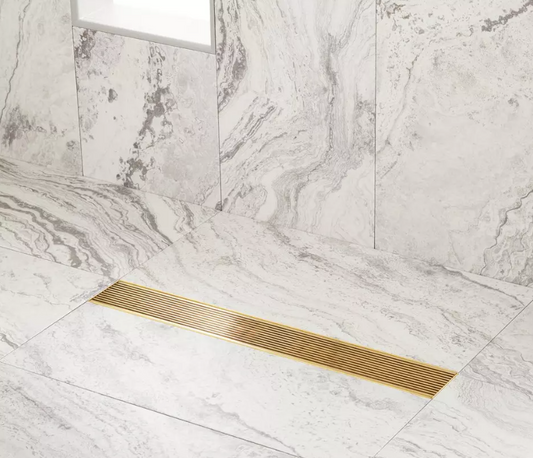 Signature Hardware - 28" Carmen Outdoor Linear Shower Drain - Polished Brass
