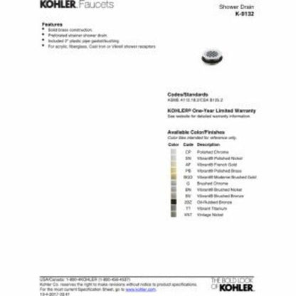 KOHLER K-9132-CP Shower Drain, One Size, Polished Chrome