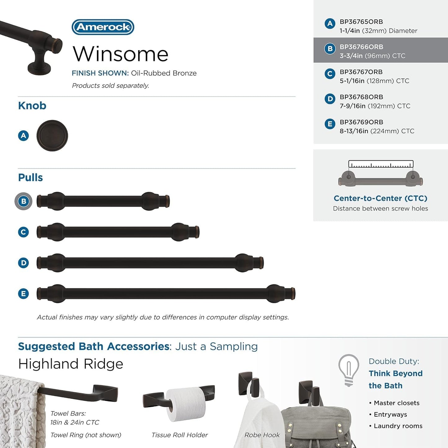 Amerock BP36766ORB Winsome Cabinet Pull Oil Rubbed Bronze 3-3/4" C2C