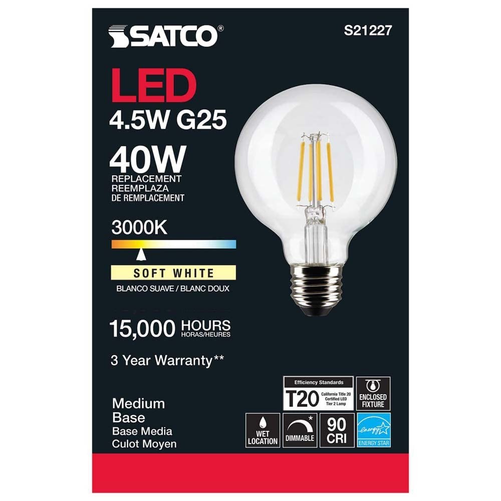 Satco S21227 4.5w G25 Globe Filament LED 3000K Medium Base Dimmable - 2 Pack