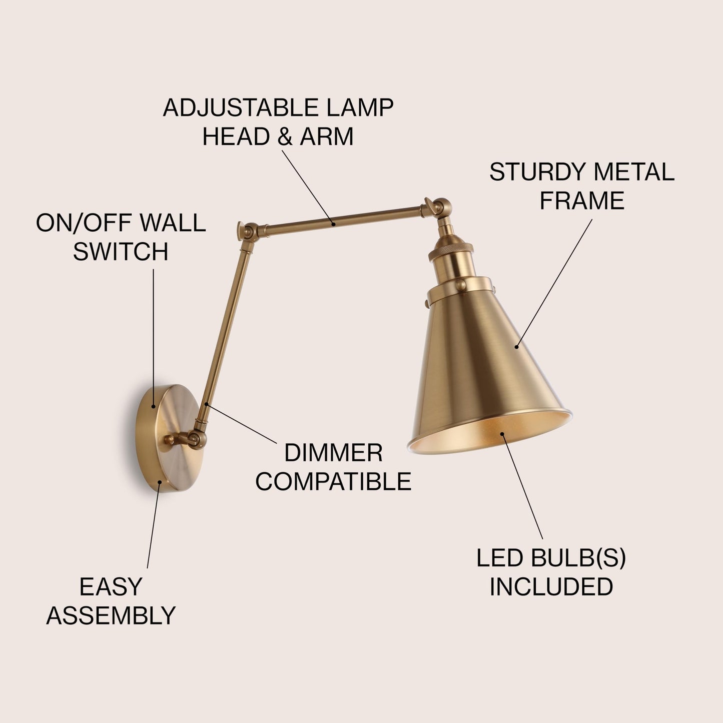 JONATHAN Y JYL7461A Rover 7"  Wall Sconce Brass Gold adjustable arm