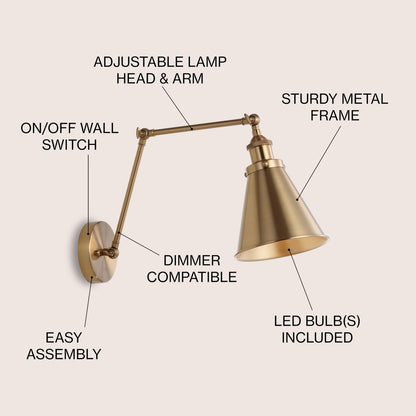 JONATHAN Y JYL7461A Rover 7"  Wall Sconce Brass Gold adjustable arm