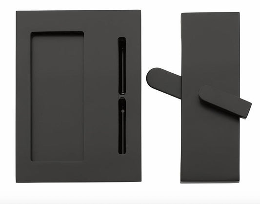 Modern Rectangular Barn Door Privacy Lock and Flush Pull with Integrated Strike