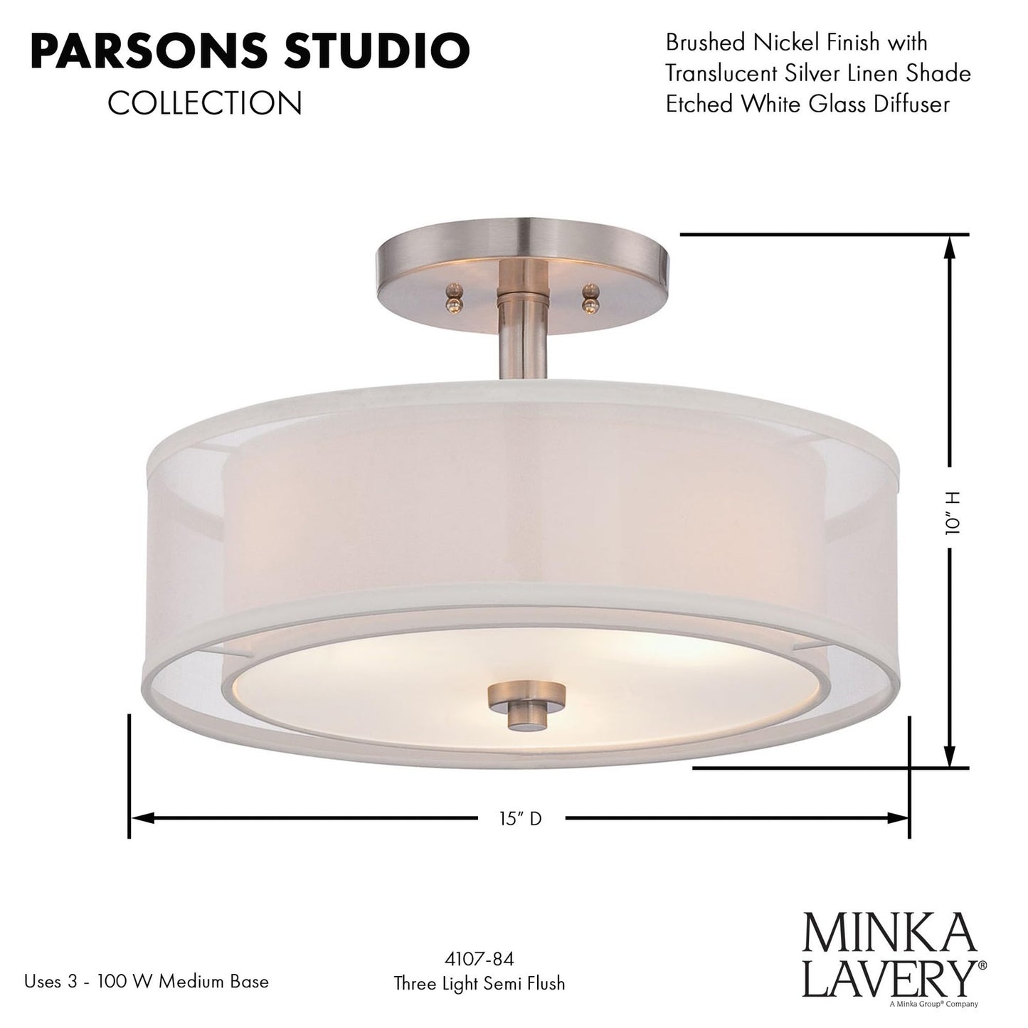 Minka Lavery 4107-84 Parsons Studio Semi-Flush, 3-Light, Brushed Nickel