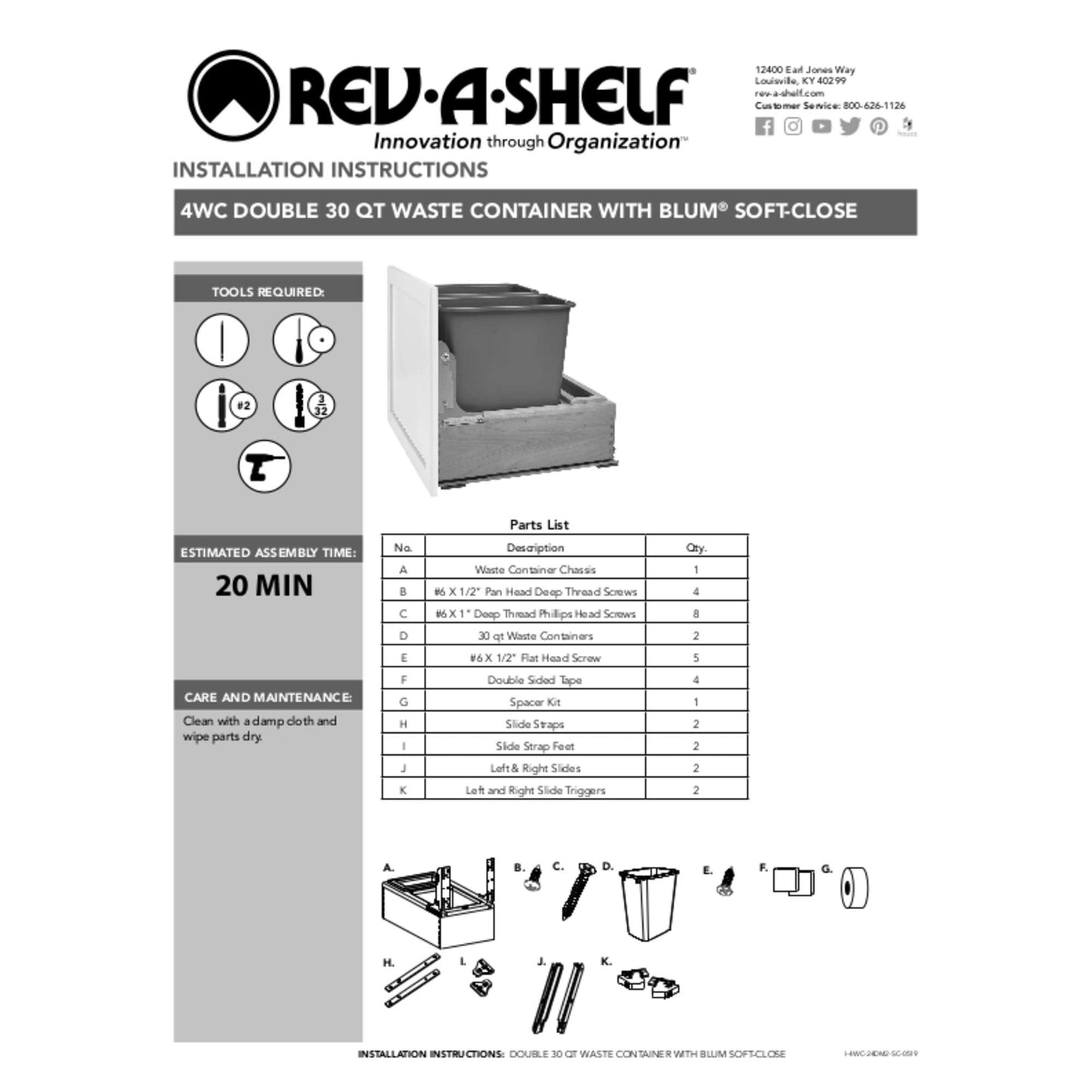 Rev A Shelf 4WC-24DM2SC Heavy Duty Double 30 Quart Mounted Pullout Container Bin