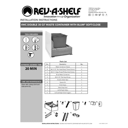 Rev A Shelf 4WC-24DM2SC Heavy Duty Double 30 Quart Mounted Pullout Container Bin