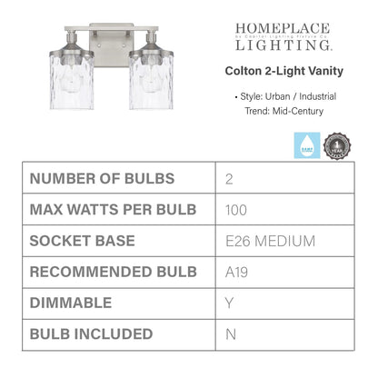 HomePlace Lighting 128821BN-451 Clear Water Glass Vanity Wall Light, 2-Light