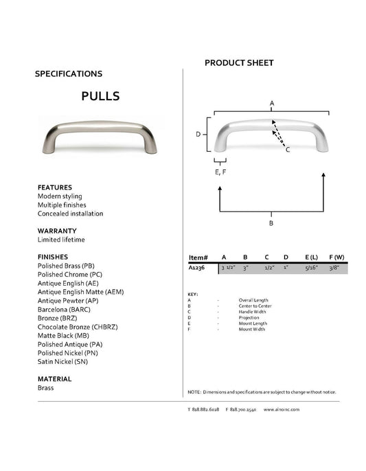 Alno A1236-BARC 3" Modern Cabinet Pulls, Barcelona