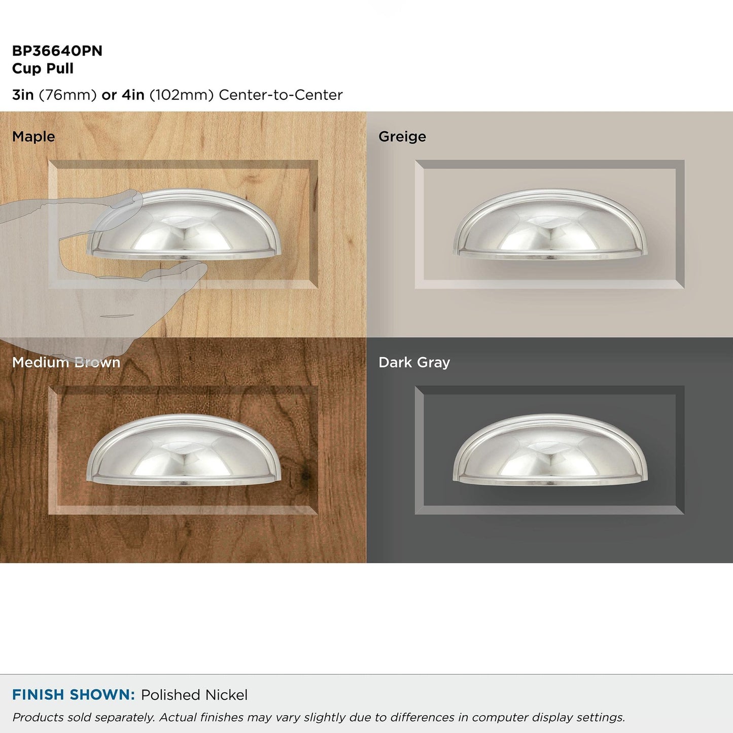 Amerock BP36640PN Cabinet Cup Pull Polished Nickel 3"/4" C2C Ashby
